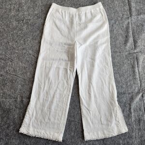 John Mark Linen Blend Wide Leg Pants Women's M White Pull On Elastic Pom Poms